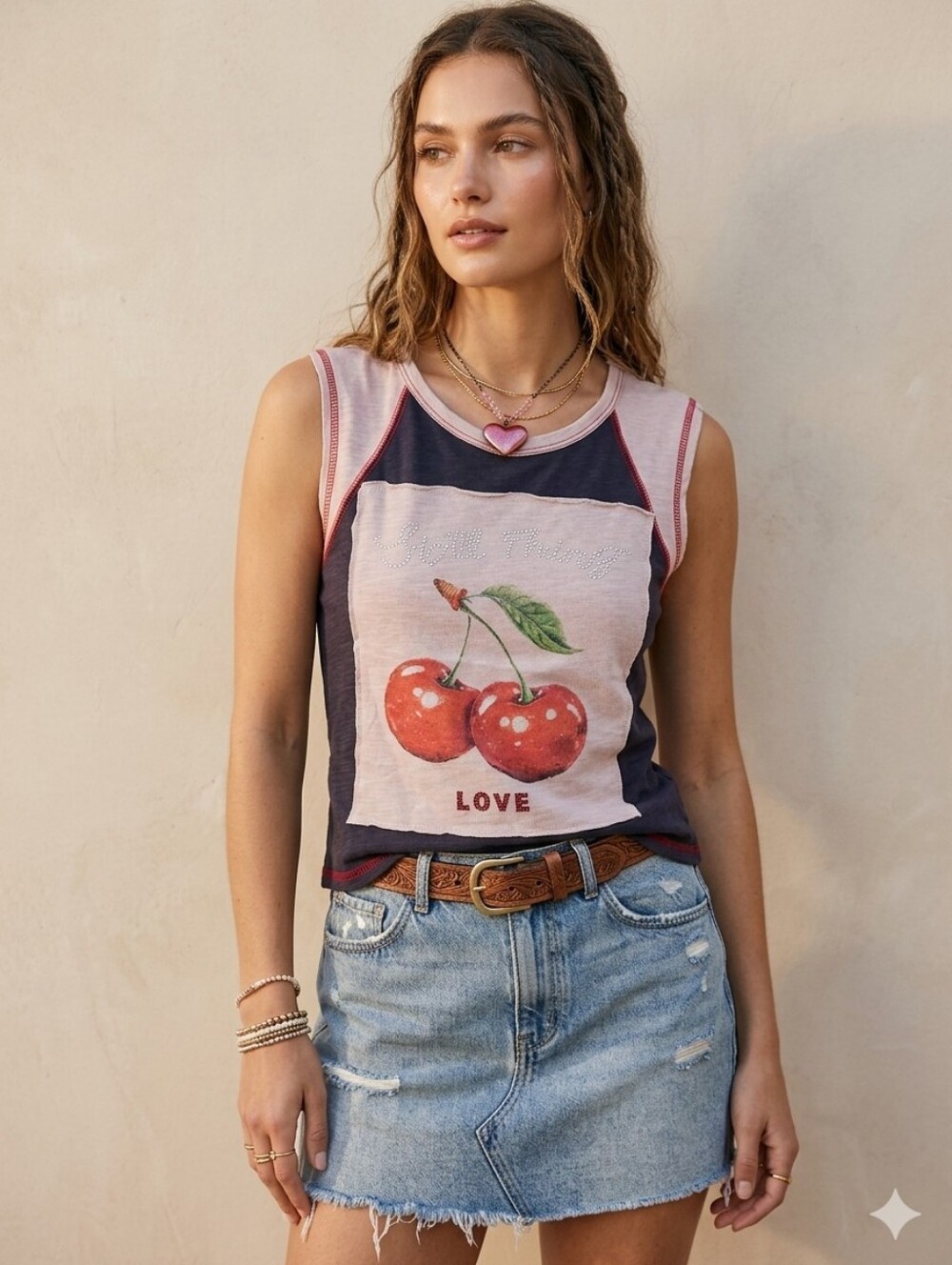 SHEIN Stay Sweet Cherry Tank Top Rhinestone Detail Boho Medium